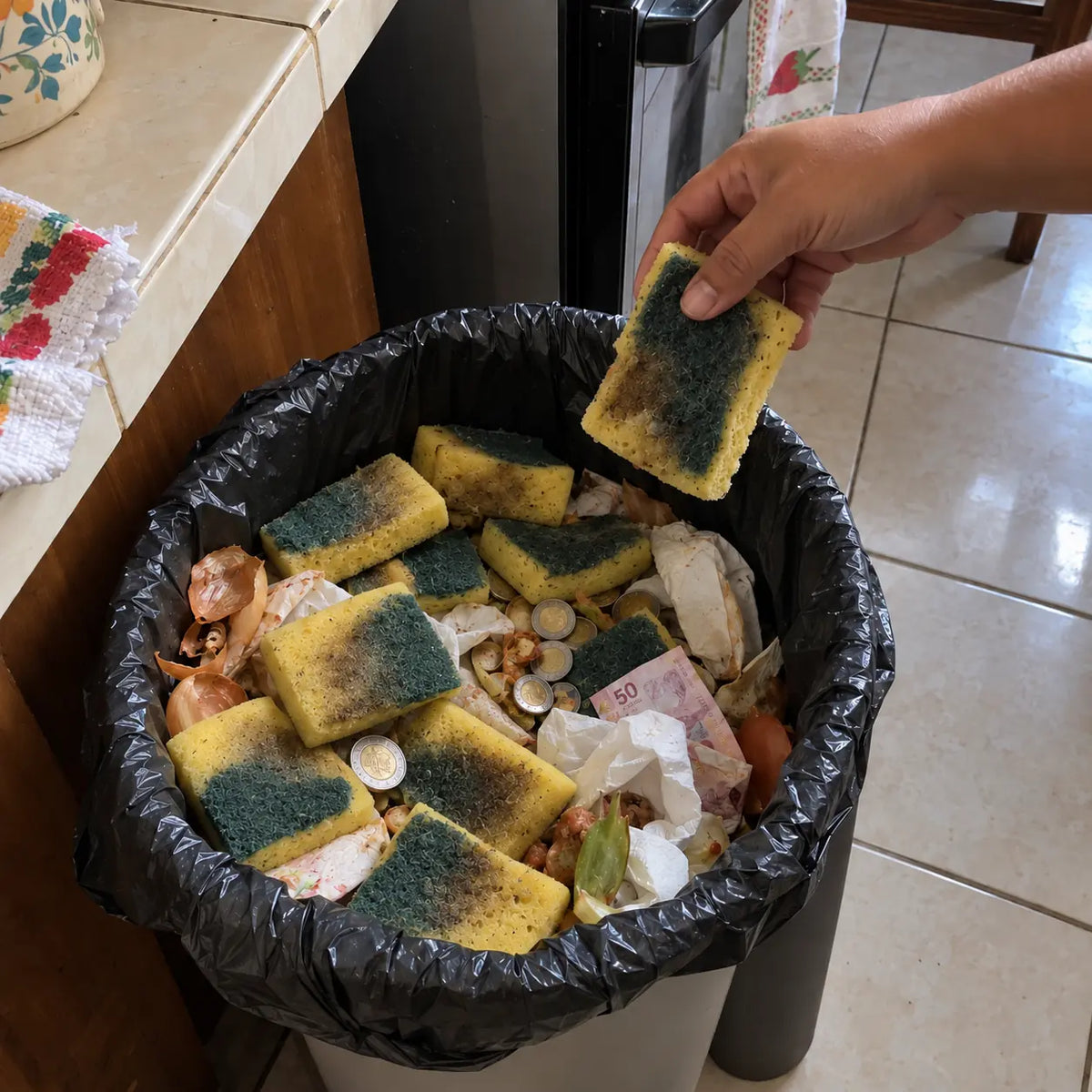 Mano tirando una esponja vieja a un bote de basura con esponjas usadas, monedas y un billete de 50 pesos