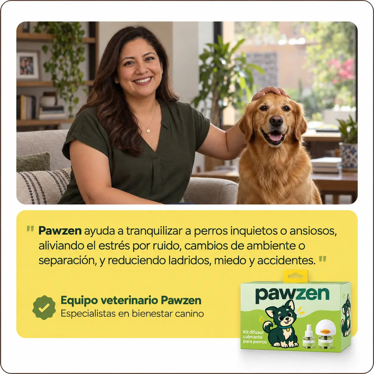 Mujer abrazando a su golden retriever en la sala, con el kit PawZen a un costado