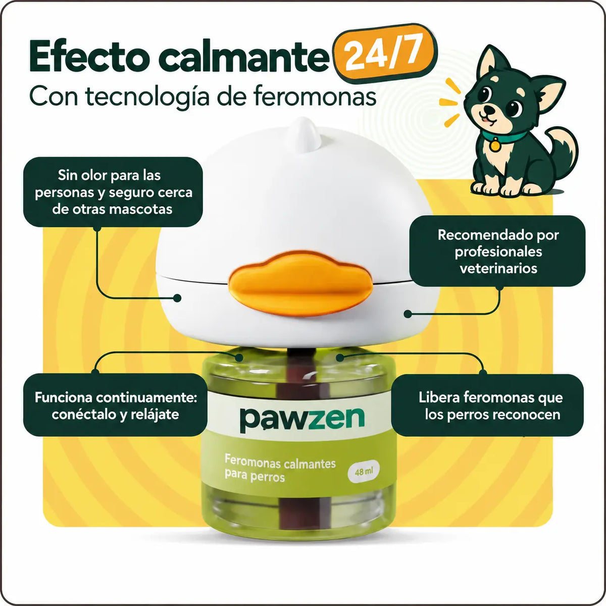 Difusor PawZen con tecnología de feromonas: sin olor para las personas, seguro cerca de otras mascotas y funcionando las 24 horas