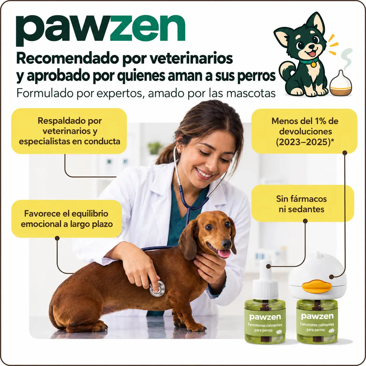 Veterinaria revisando a un perro junto al difusor PawZen: respaldado por especialistas en conducta, sin fármacos ni sedantes