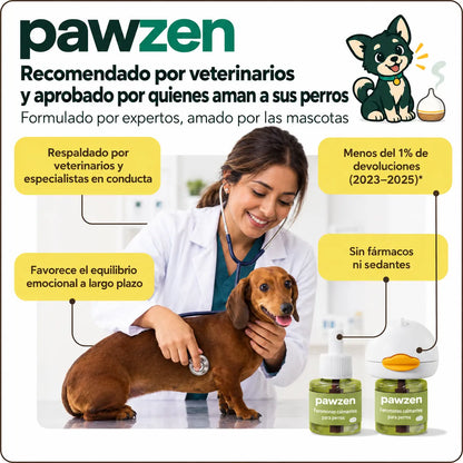 Veterinaria revisando a un perro junto al difusor PawZen: respaldado por especialistas en conducta, sin fármacos ni sedantes