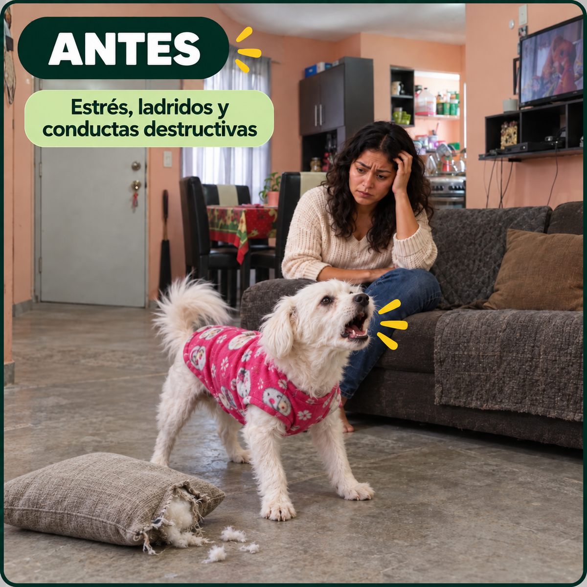 Después de tres semanas con PawZen: el perro echado y tranquilo junto a su dueña